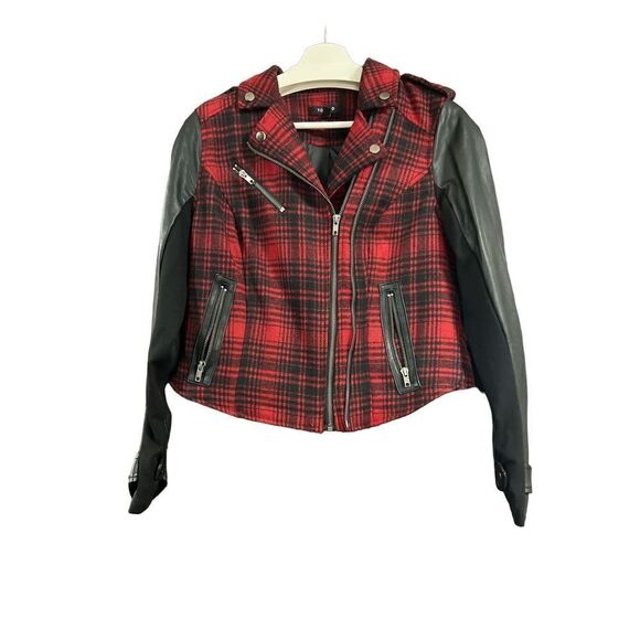 TORRID Buffalo Plaid Red Black Check Moto Bomber Jacket 00 M L - Picture 1 of 14